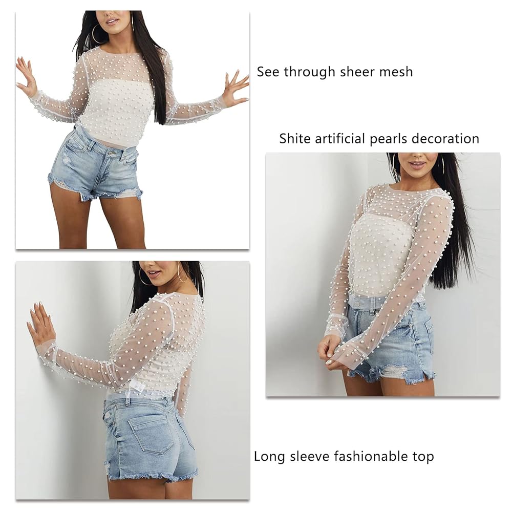 Women Pearl Sheer Mesh Top Ladies Long Sleeve Fashion Mesh